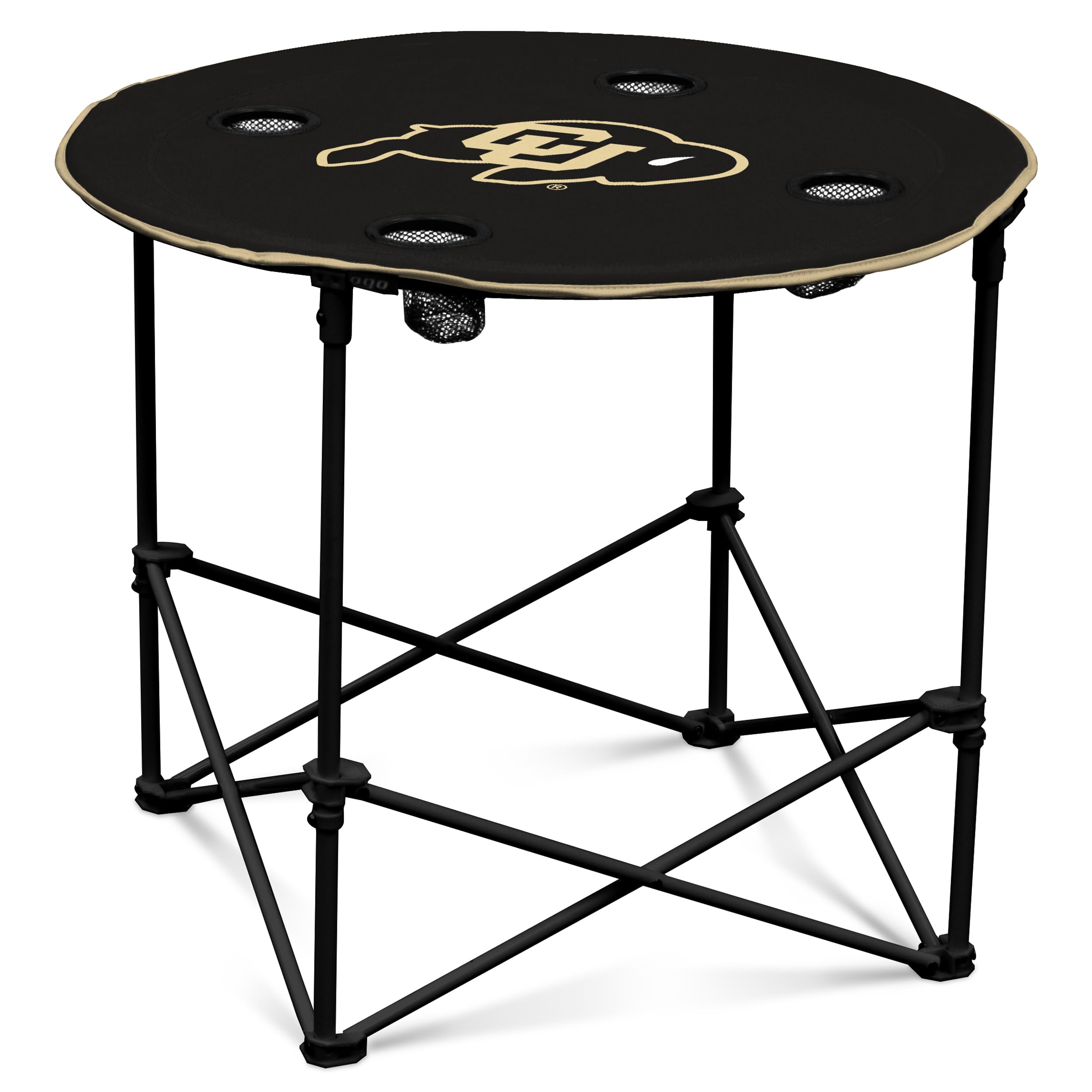 Logo Brands NCAA Colorado Buffaloes Round Tailgating Table – Portable with Foldable Legs, 4 Cup Holders, Powder-Coated Steel, and 27.6" Surface Diameter, Team Color