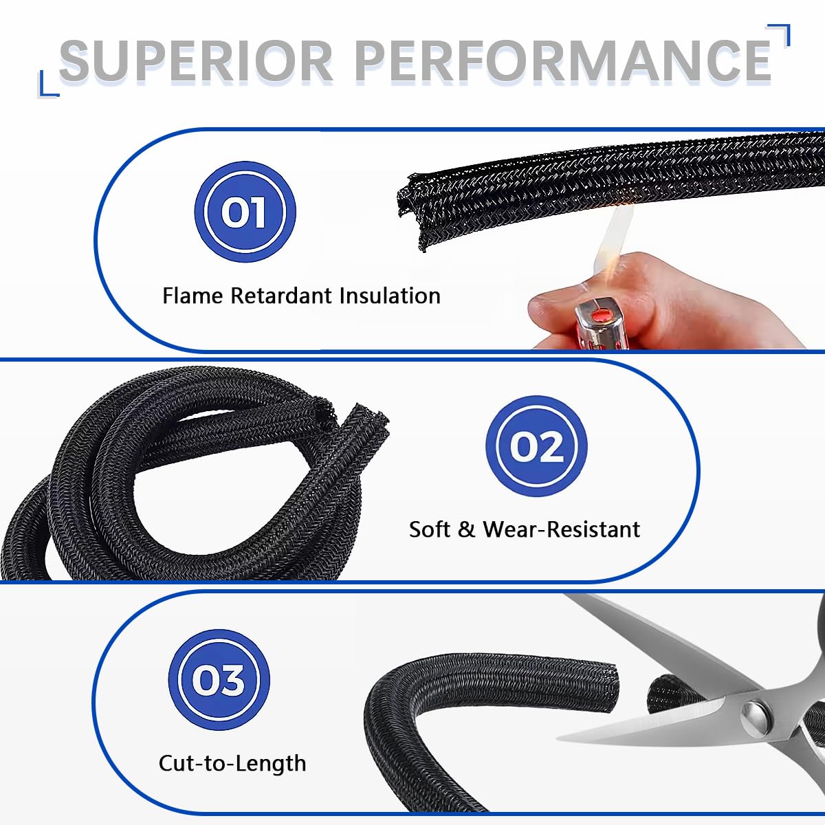 ILLUVA 10FT Black Cable Tidy Sleeve (Φ1/2"), Flame-Retardant Desk Cable Management for USB & Computer Wires - Image 2