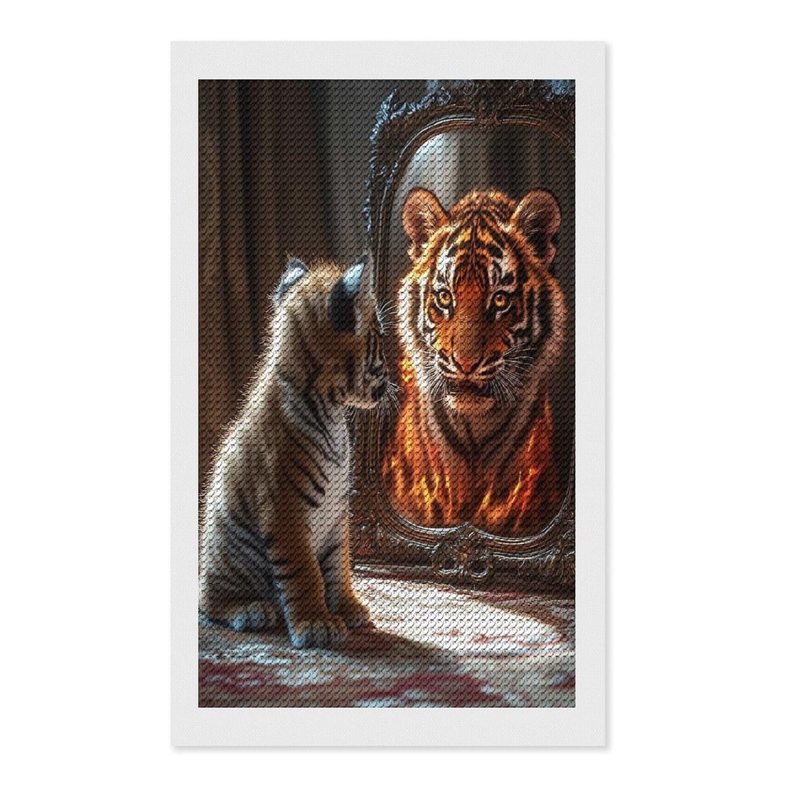Junmoney Tiger Cub Reflection Diamond Painting Kit 12"x20", for Women, Simple to Start, Bedroom Decor, Christmas Gift, Good for Quiet Evenings