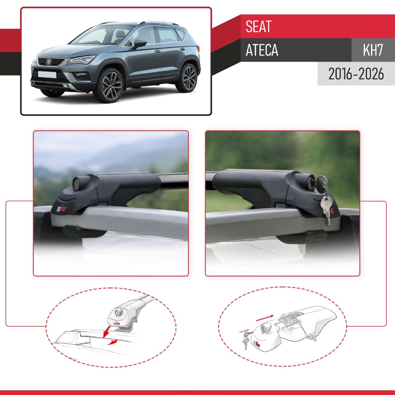 Compatible con Seat Ateca (KH7) 2016-2026 Modelo Ace-1 Barra de Techo Auto Portaequipajes Barras Transversales Negro Aluminio 2 Barras