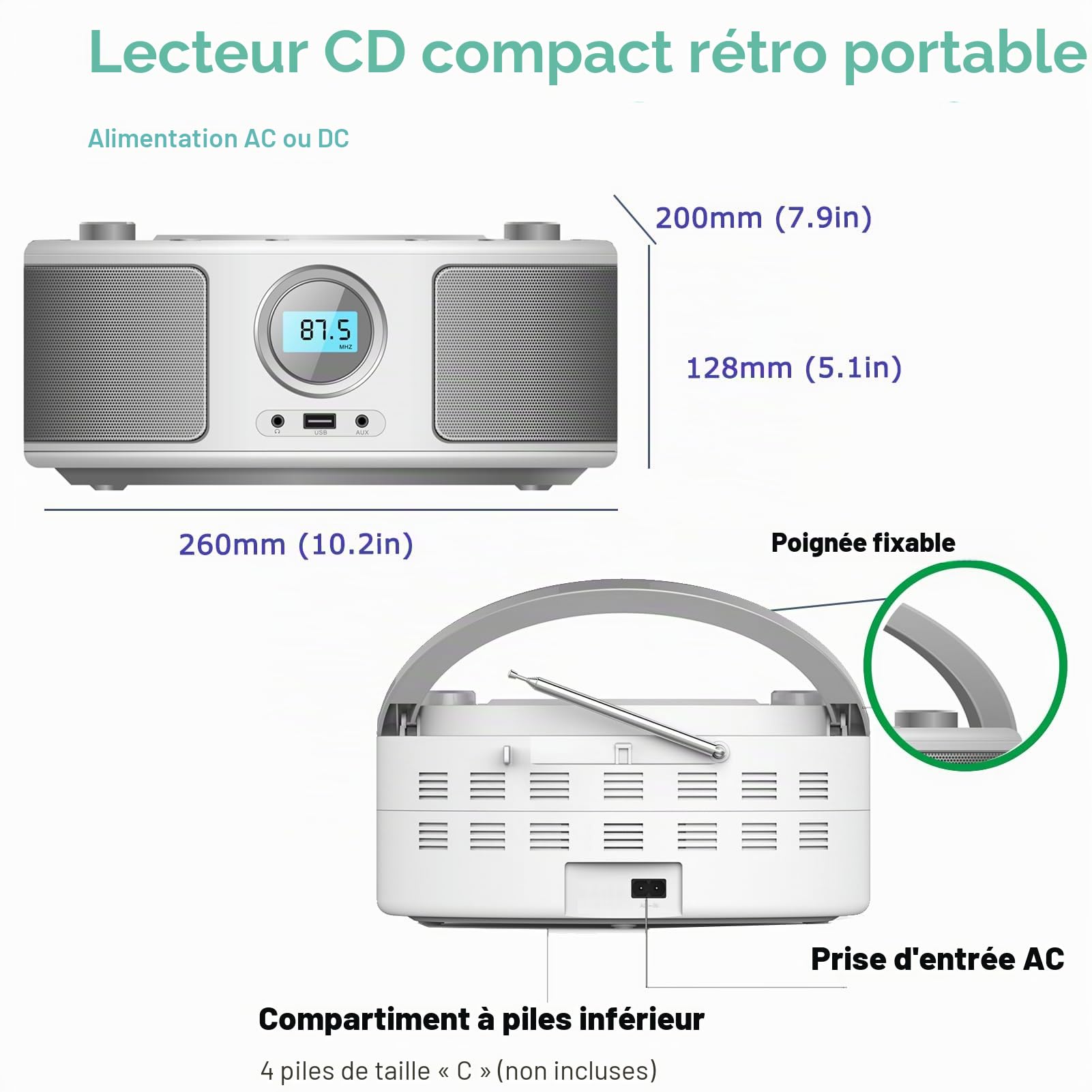 Poste CD Enfant, WISCENT Radio FM Lecteur CD Portable Boombox (avec Bluetooth,Radio FM,USB,AUX,Prise Casque) Lecteur CD Enfant