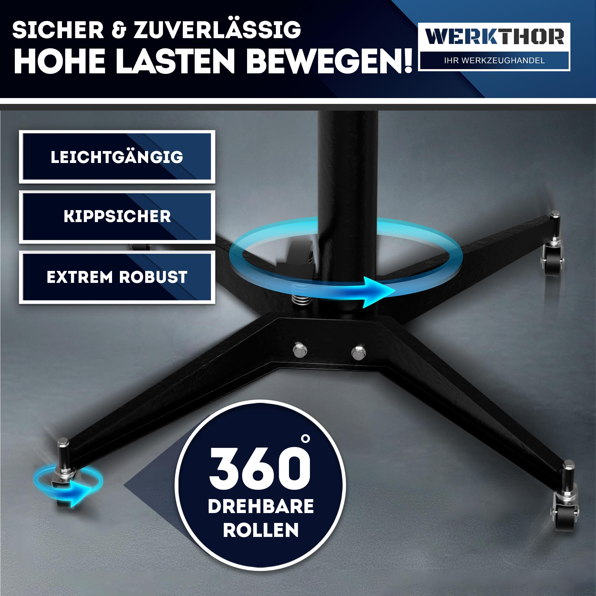 WERKTHOR Getriebeheber 500kg hydraulisch & verstellbar 105-185 cm – Motorheber Faulenzer für Werkstatt – Getriebeheber kfz rollbar mit 4 Lenkrollen & Fußpedal – Auto Heber Schwarz