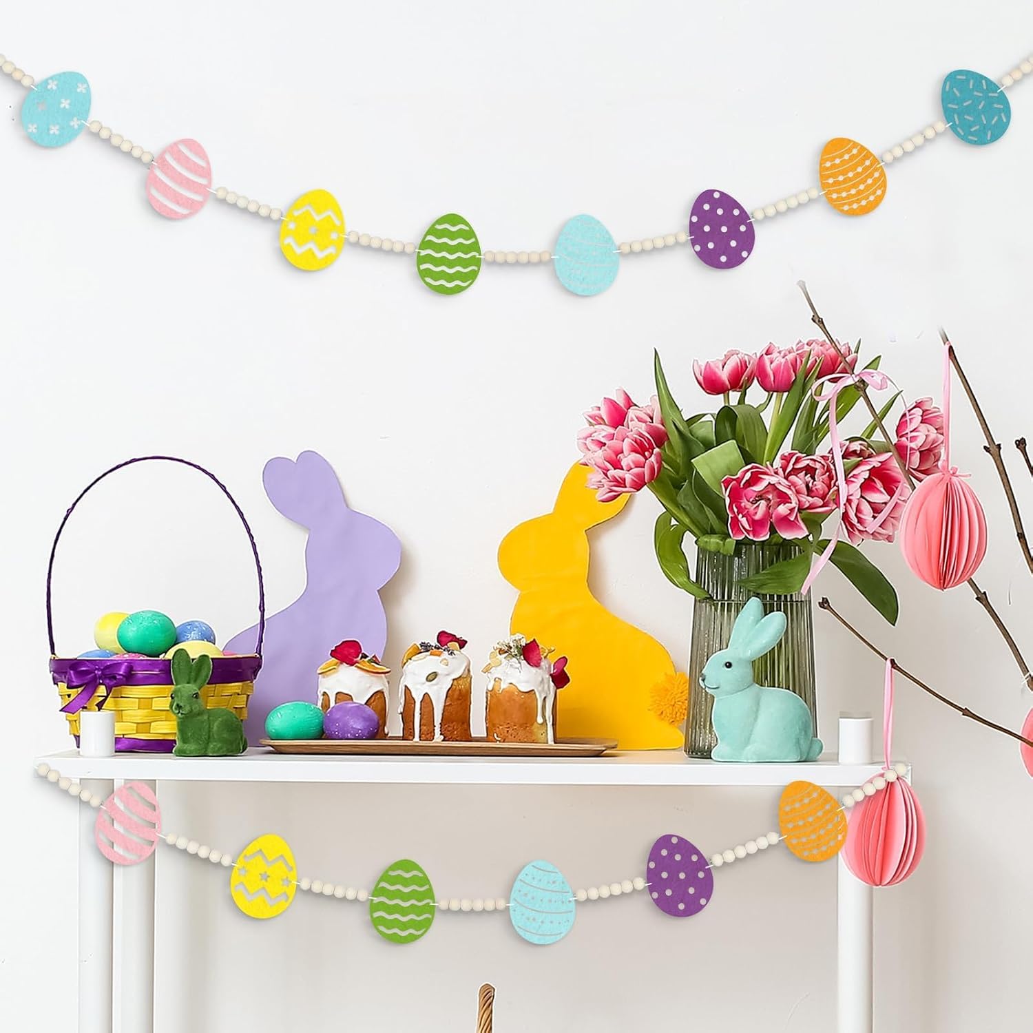 Easter Wood Bead Garland Kit Colorful Eggs Garland Banner Decorations Spring Easter Egg Hunt Garland Banner Decor Happy Easter Party Supplies for Wall Fireplace Mantle Home Office Party Spring Favors