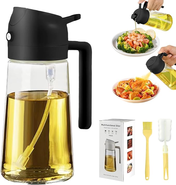 Oil Dispenser for Kitchen, 2 in 1 Olive Oil Dispenser and Oil Sprayer, Olive Oil Dispenser Spray Bottle with Brush, Oil Sprayer for Cooking for Air Fryer, Barbecue, Salad 16oz/470ml (Black)