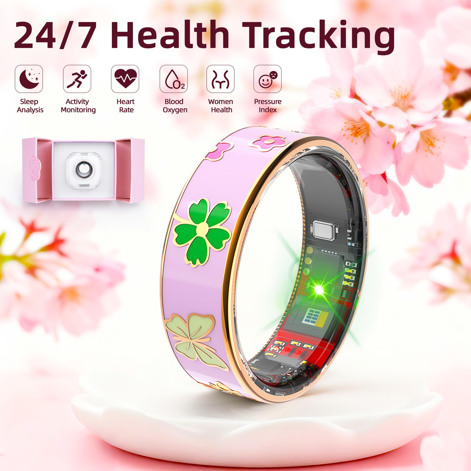 Smart Ring Damen, Fitness Tracker, Gesundheits-Ring für Sleep, Stress, Herzfrequenz, Frauen-Gesundheits, Ring, Ohne ABO, iOS und Android