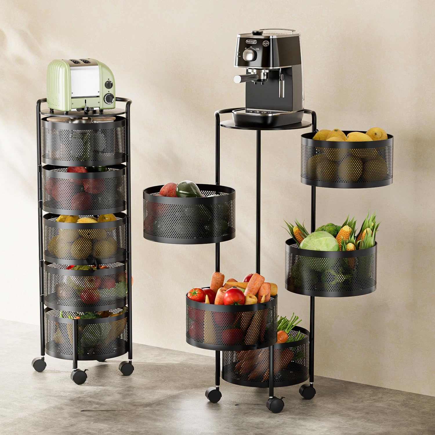 JAQ Rotating Fruit Basket, 5-Tier Metal Sturdy Kitchen Storage Rack Shelf Carts No Assembly on Rolling Wheels for Fruit Vegetable Grocery Corns Potato Onion (5-Tier, Black) 5-tier/ Black-upgrade