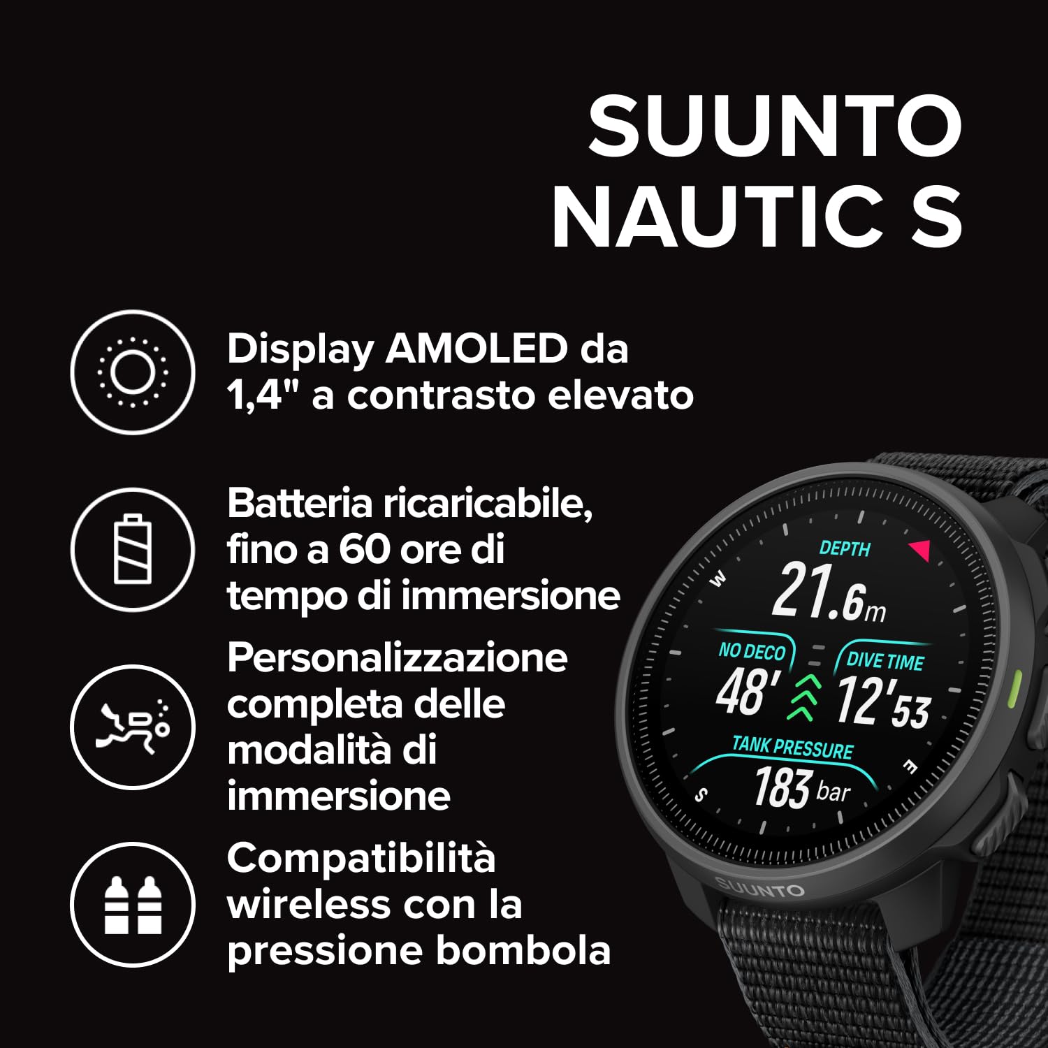 SUUNTO Nautic S Computer Subacqueo, Schermo AMOLED, 60 Ore di autonomia in Immersione, Impermeabile Fino a 80 Metri, GPS Integrato, mappe Offline, letture Gas Wireless, App Suunto