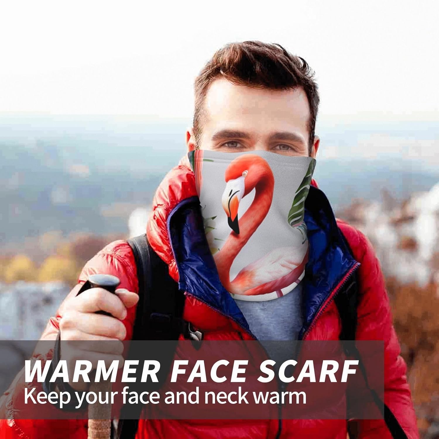 Neck Warmer Winter, Flamingo With Flowers Print For Cold Weather Winter Face Mask,Thick Warm Neck Gaiter Face Scarf,For Men Women Skiing Cycling - With Rope