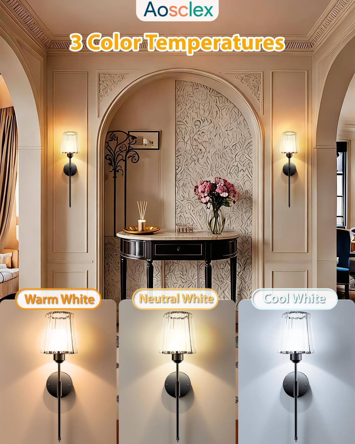 Aosclex Battery Wall Sconces Set of Two, 23 Inch 3CCT Black Rechargeable Crystal Lamp with Remote & Magnetic Bulbs, 7 RGB Colors Dimmable Wireless Wall Lights for Bedroom Living Room Hallway Decor