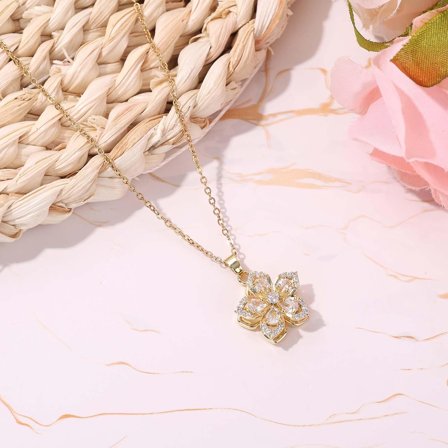 Mikovivi Flower Necklaces, Delicate Rotatable Crystal Bauhinia Flower Pendant Necklace Adjustable Anxiety Relief Fidget Jewelry for Women Retro Fashion Interesting Jewelry Accessories image 4