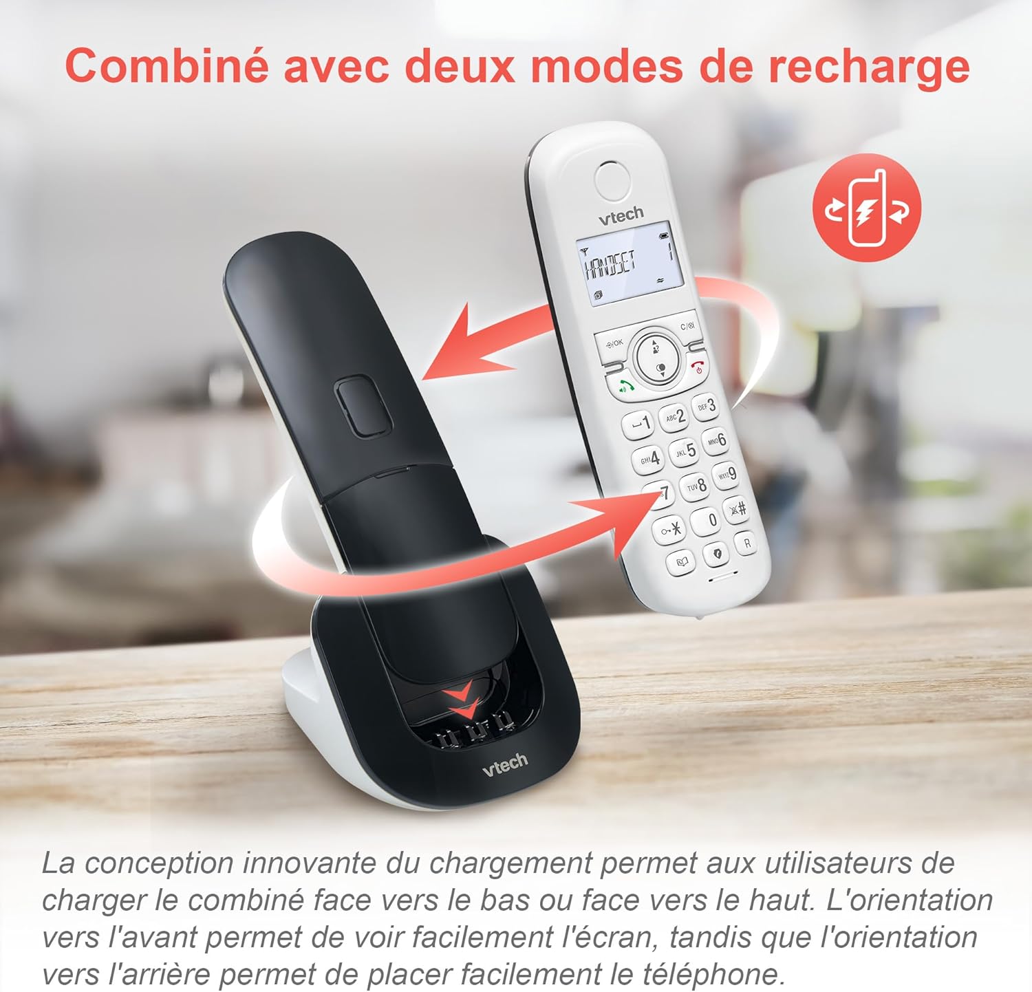 VTech CS1550 Handset on charging base, showing dual charging orientation