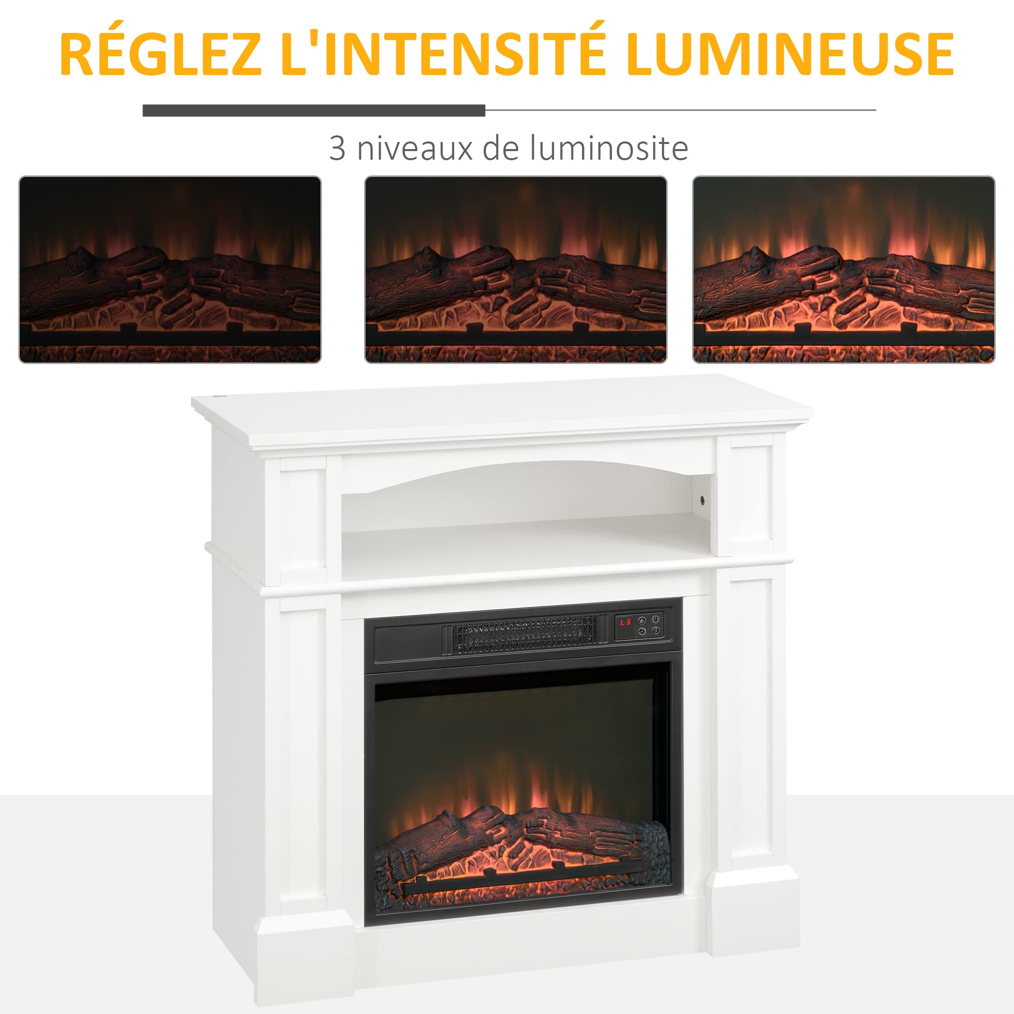 HOMCOM Cheminée électrique Effet Flammes LED luminosité réglable avec télécommande - 1800 W - 80,5 x 32,3 x 80,5 cm Blanc