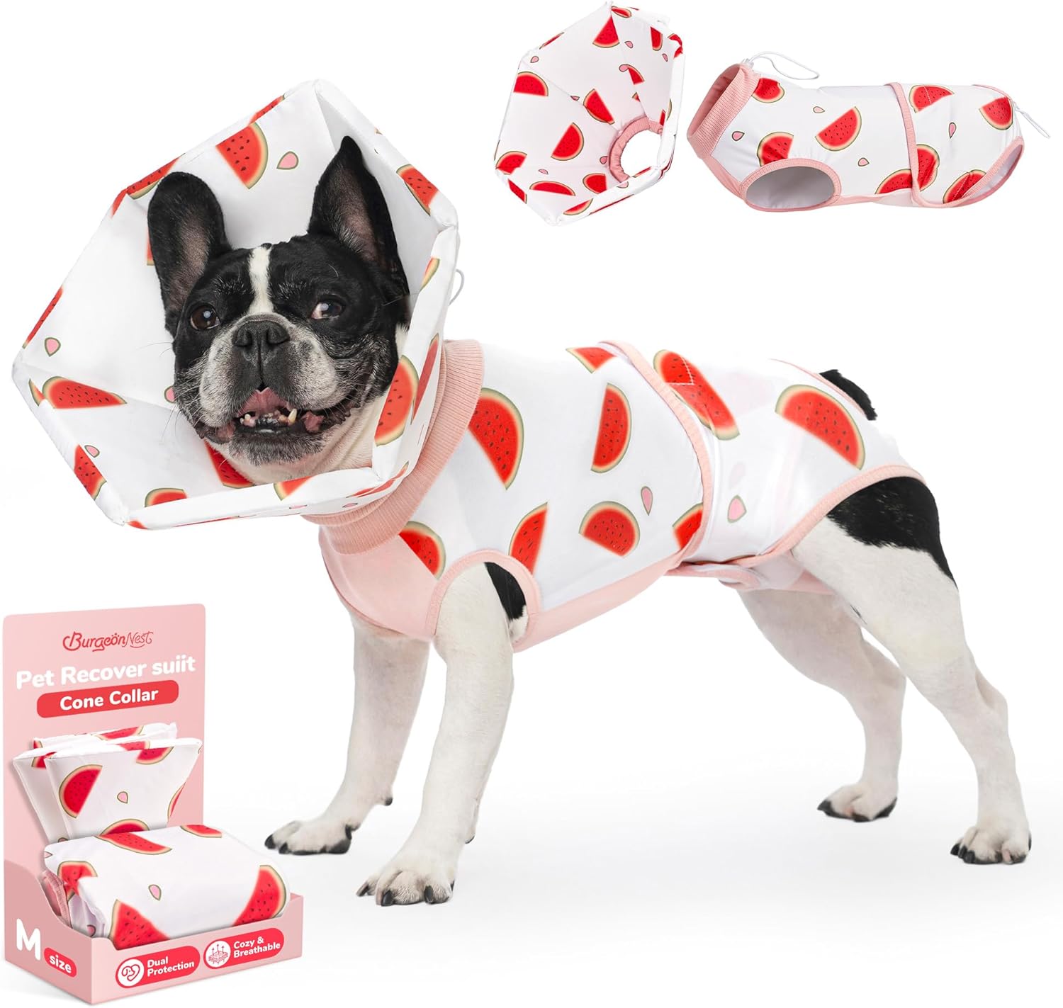 burgeonnest recovery suit for dogs + cone collar after surgery, dual prevent licking dog onesie surgical suit for dogs female male spay, adjustable soft dog cone alternative pet cat dog body suit, m pink medium (back:16.5-19'', weight:15-30 lb)