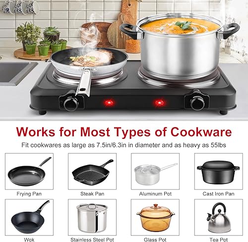 Miniatura 4 de Placa caliente de 1800 W, estufa eléctrica portátil para encimera, quemador infrarrojo de doble quemador con placa de cerámica de 7.5 y 6.3