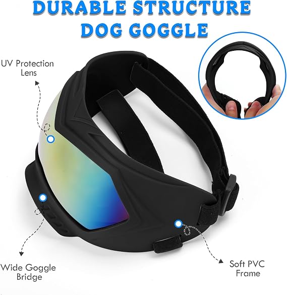 Large Dog Sunglasses Dog Goggles Pet Glasses Pet Eyewear with Adjustable Strap, Glasses for Medium Large Dog Swimming Skating Glasses Windproof Dustproof UV Proof (Black-Colorful)