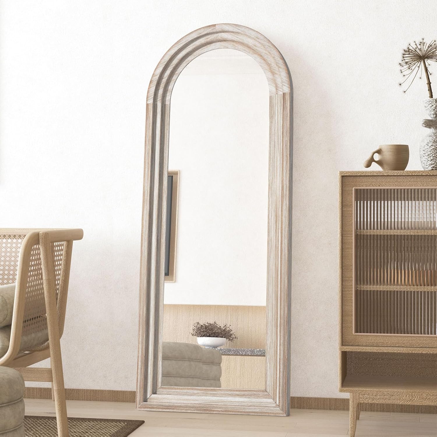 CASSILANDO Full Length Mirror Arched 65"x24" Wood Wall Full Length Distressed Large Floor Mirror for Living Room, Bedroom, Entrance.（Weathering White - Image 6