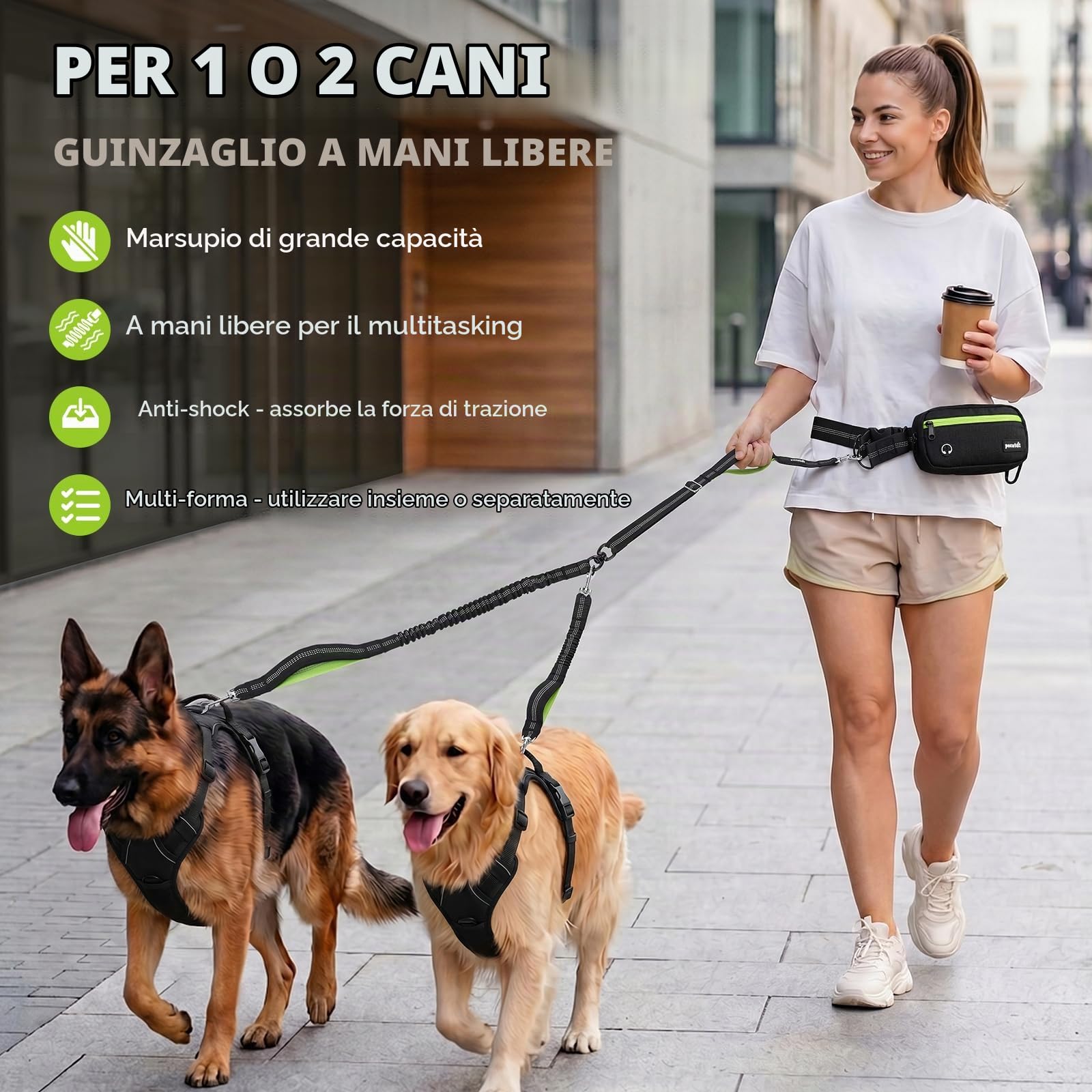 Pecute Guinzaglio Doppio per Cani Mani Libere con Borsello Impermeabile | Guinzaglio Anti Tiro con Corda Elastica e Doppi Manici Riflettenti per Cani 5-15kg