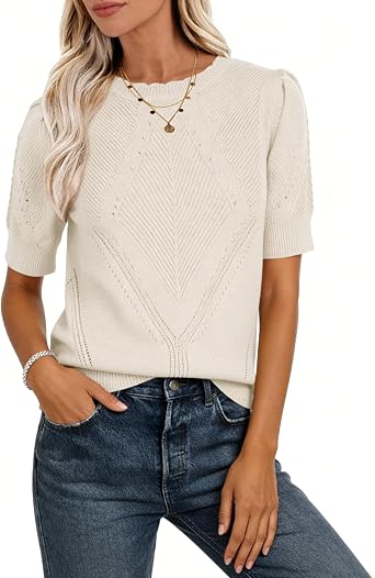 Yeokou Women Puff Short Sleeve Knit Top Round Neck Openwork Casual Work Office Knitted Blouse Lightweight Summer Sweater