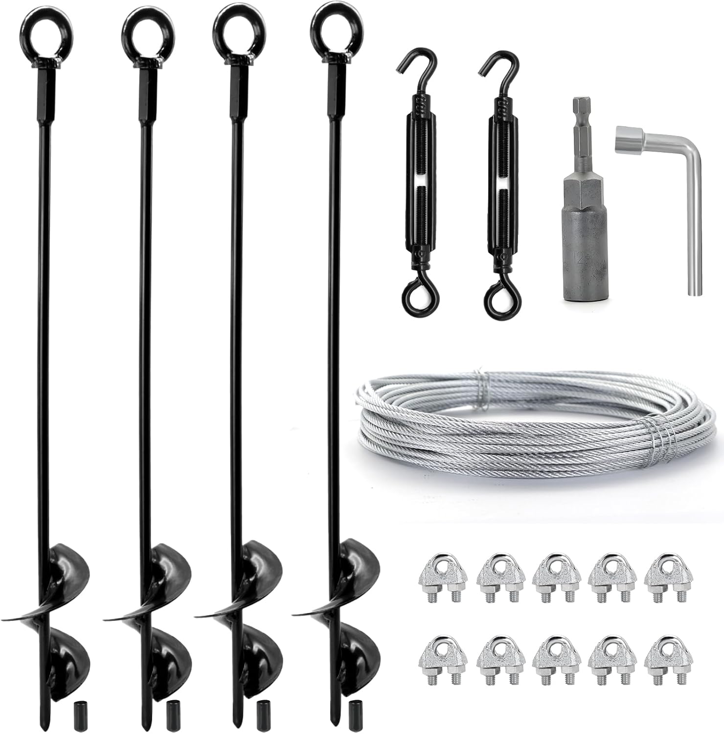 4 Pack 18" Ground Anchors Shed Anchor Kit, Swing Set Anchors Heavy Duty with Galvanized Cable & Turnbuckles, Earth Anchors High Wind Auger Anchors for Sheds Swings Canopy Gazebo Tent