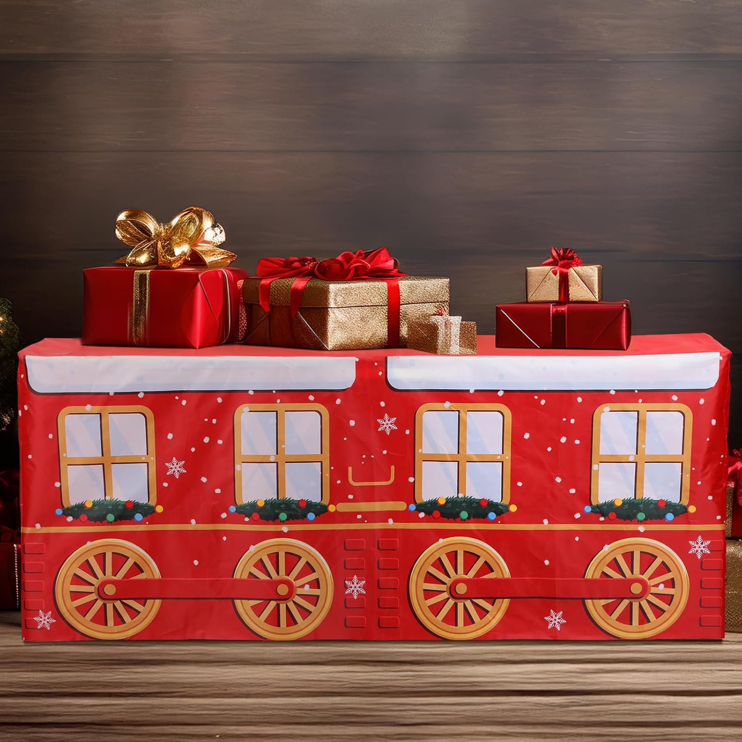 Oudain 6ft Christmas Tablecloth Train Shaped Washable Tablecloth Christmas Party Supply Decorative Holiday Table Covers Red and White Decor for Kitchen Party Dining Table Decor