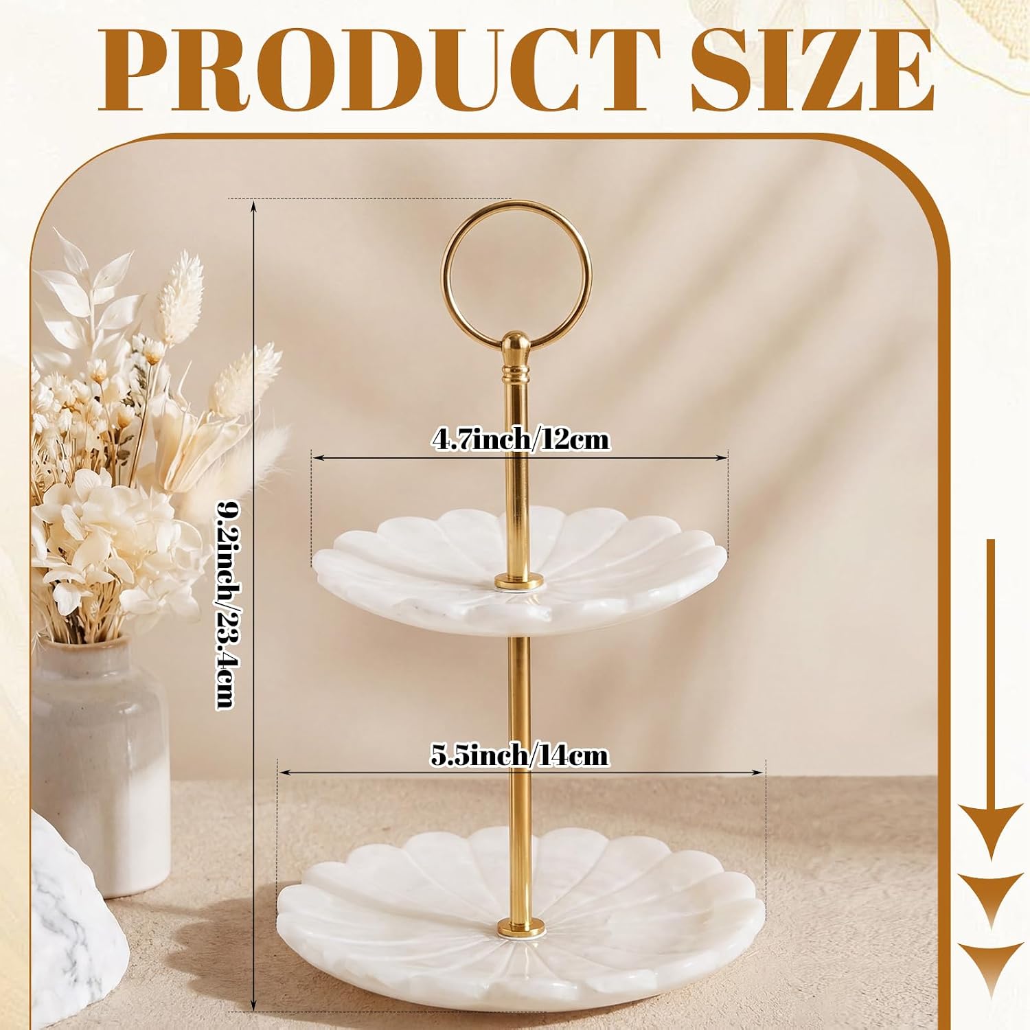 LemonRoad 1 Pcs 2 Tiered Marble Jewelry Stand Scalloped Jewelry Tray for Women, Earring, Bracelet, Ring Display and Storage, Decorative Dresser Vanity Tabletop Organizer, White, 9" H x 5.5" L x 5" W