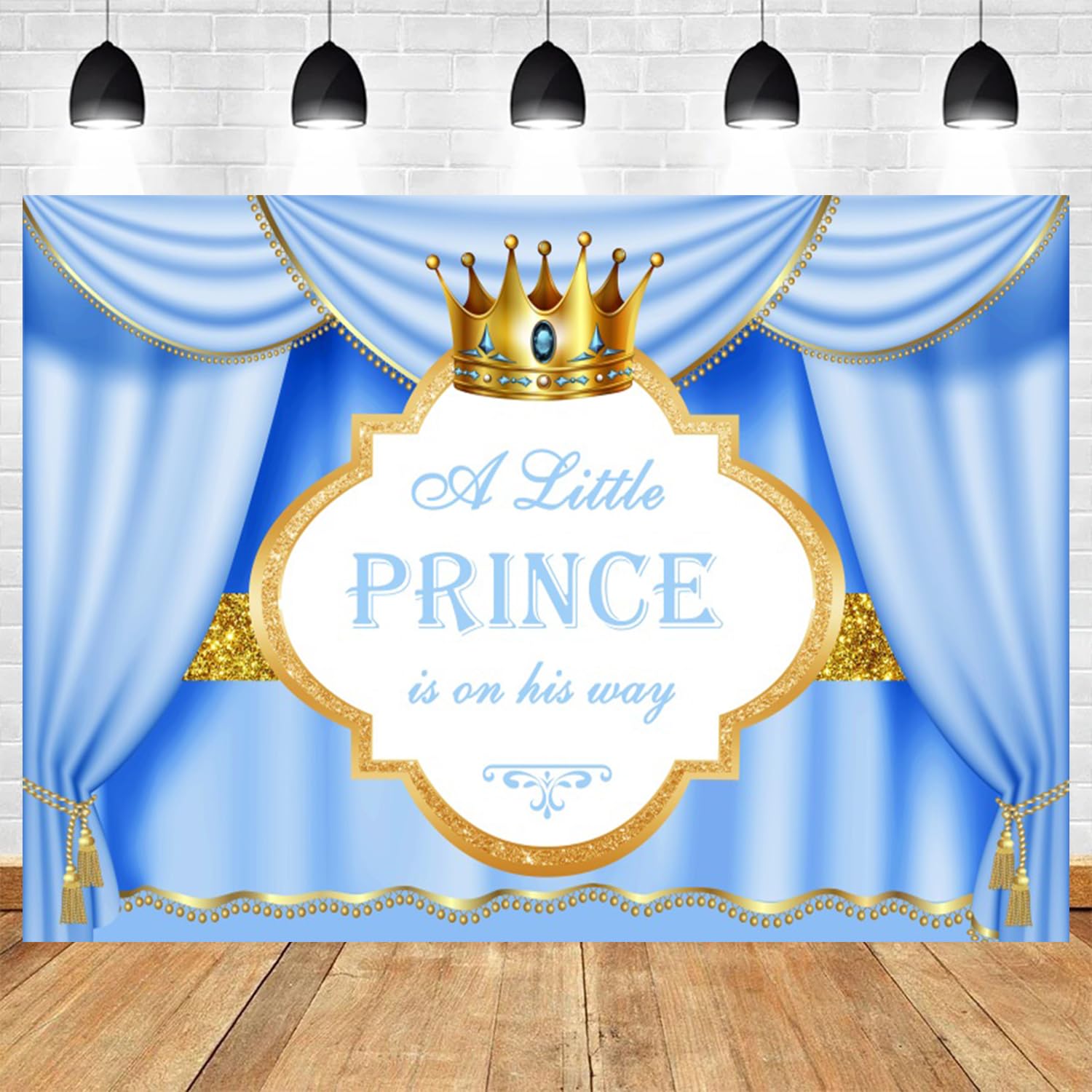 Toile de fond bleue pour fête prénatale « A Little Prince is On His Way » - 3 x 2,4 m - Couronne dorée - Bannière de fête prénatale - Décoration pour nouveau-né garçon