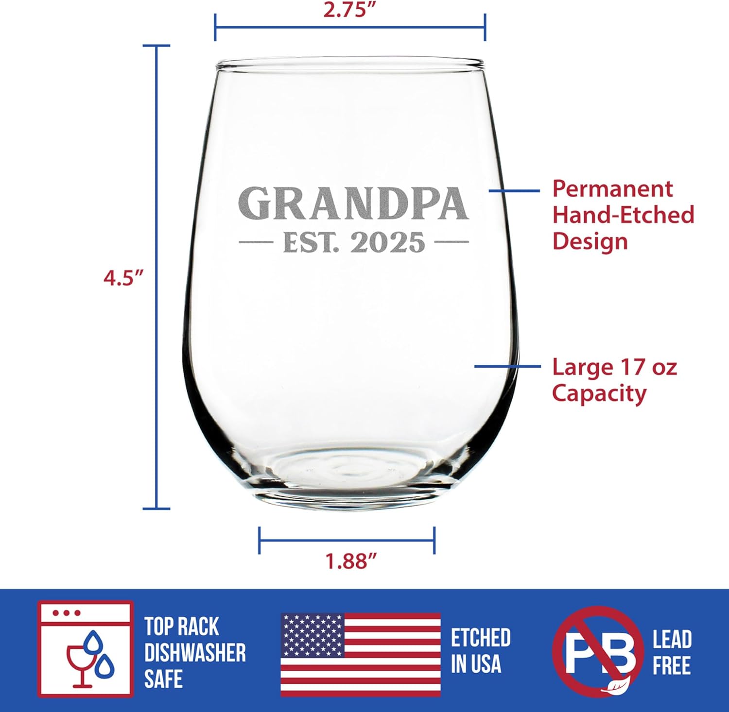 Custom Grandpa Est 20XX - New Grandfather Stemless Wine Glass Gift for First Time Grandparents - Personalized Bold 17 Oz Large Glasses