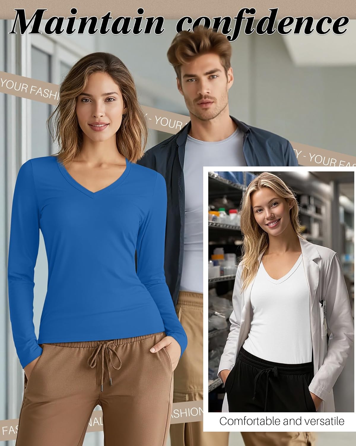 4 Pack Women's Under Scrubs Long Sleeve V Neck Shirts Slim Fit Stretchy Undershirt Basic Casual Tops for Nurse - Image 2