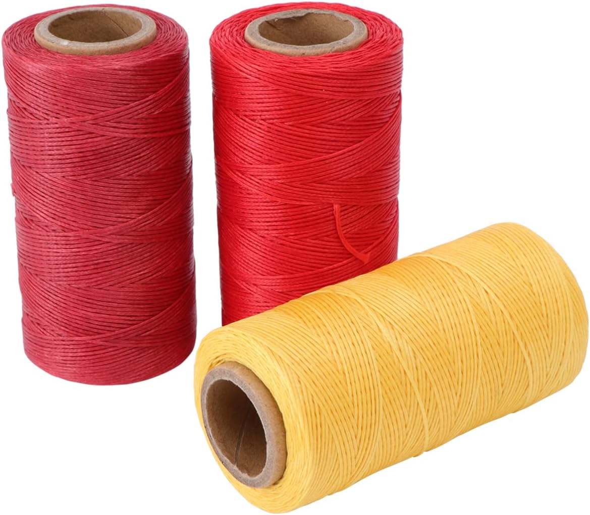 VICASKY 3pcs Flat Waxed Sewing Thread for Leather Craft Stitching Cord Bright Red Yellow Waxed String for Leather Projects Bookbinding Repairs