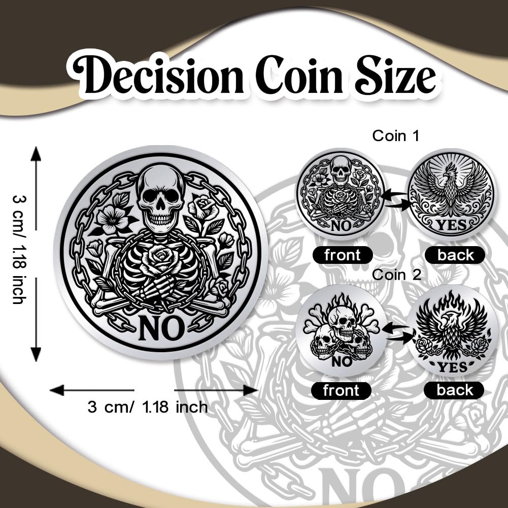 UNICRAFTALE 2Pcs 2 Styles Yes No Challenge Coin Phoenix and Skull Coins Stainless Steel Double Sided Chains and Flames Decision Coins Metal Decision Maker Commemorative Coin Gifts for Men Women - Image 3