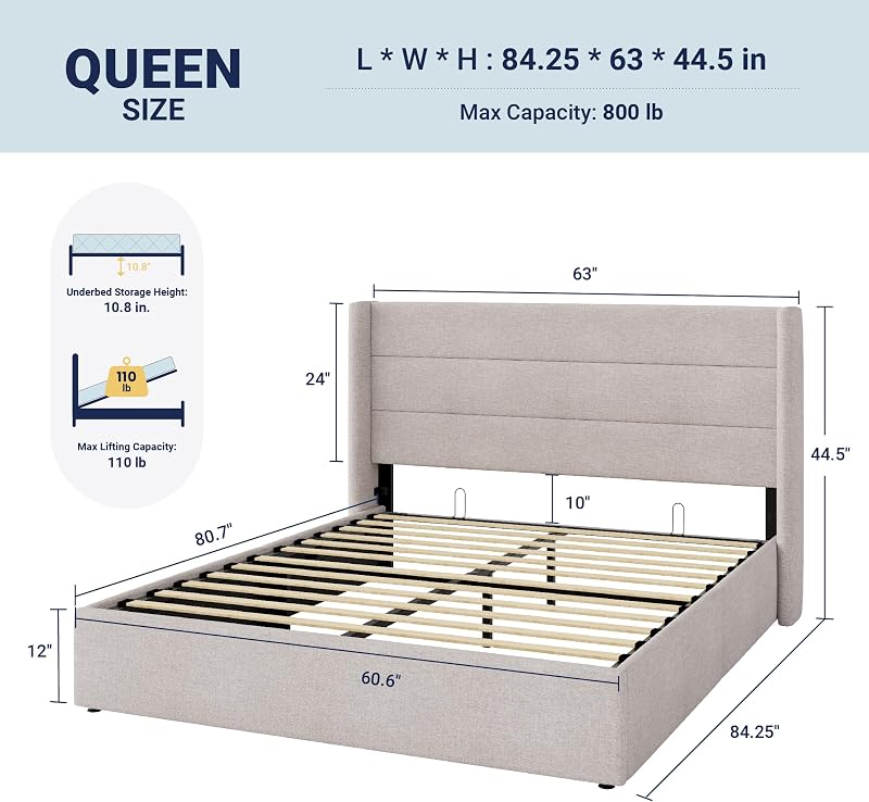 Allewie Queen Size Lift Up Hydraulic Storage Bed Frame Light Beige image 2