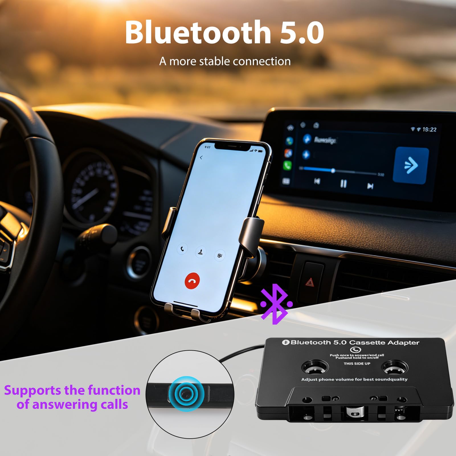 Adaptateur Cassette Bluetooth 5.0 pour Voiture, Récepteur Audio sans Fil avec Microphone Intégré pour Appels Mains Libres, Compatible avec Téléphones Portables, Tablettes et Lecteurs MP3