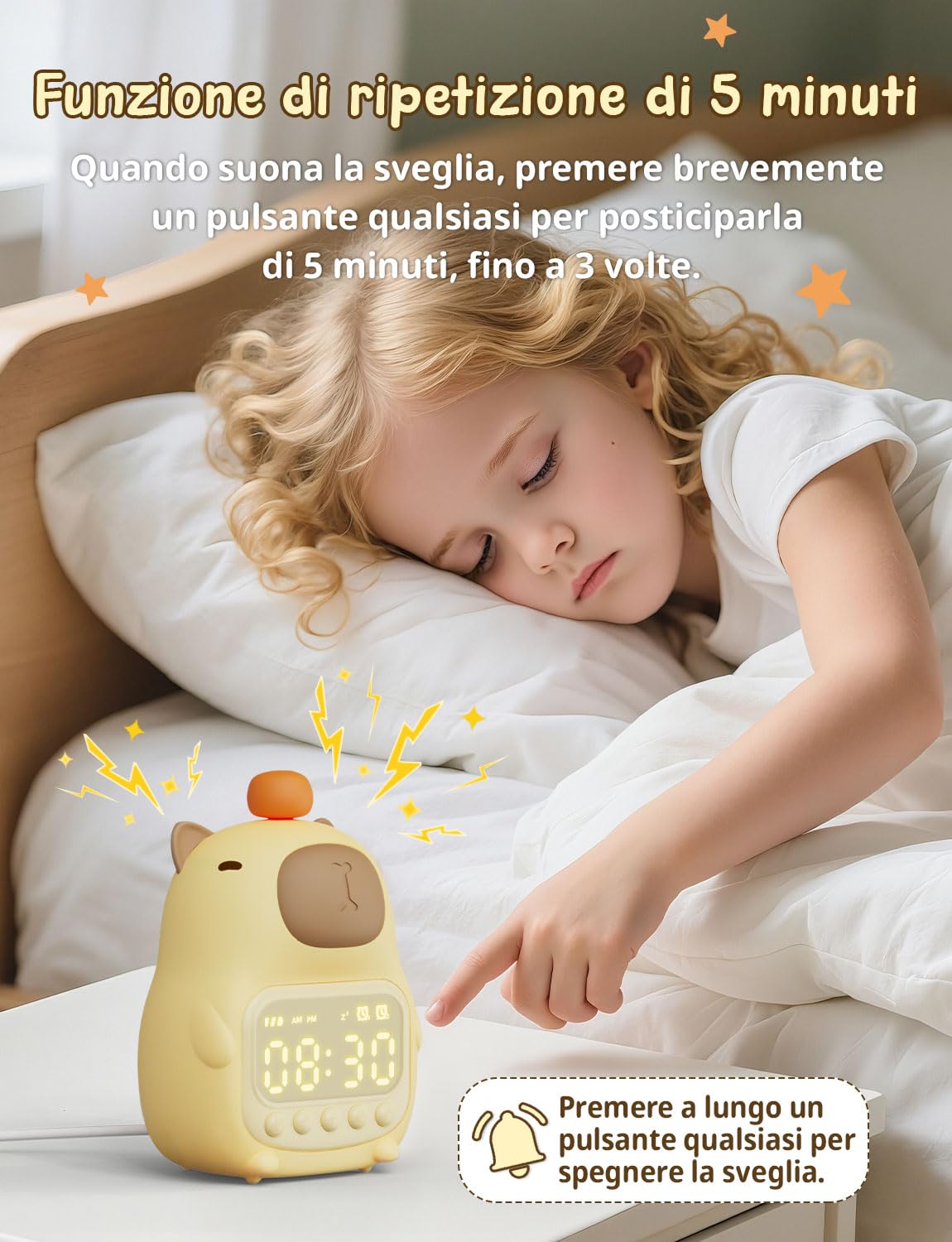 YISSVIC Sveglia per Bambini con 2 Sveglie, Regolazione Volume, Funzione Snooze, 5 Suonerie, Luci Notturne Sveglia Ricaricabile 1800 mAh