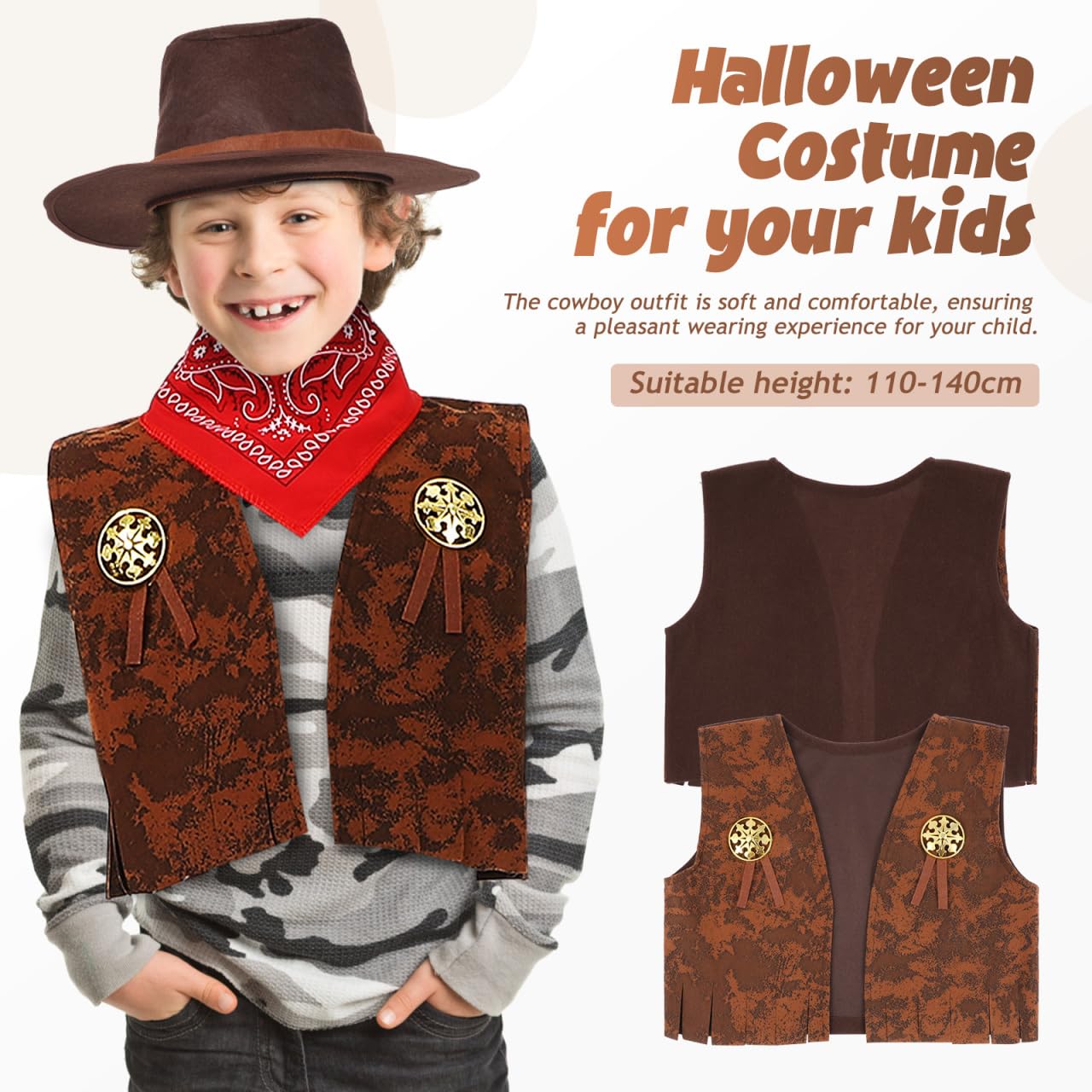 1Set Cowboy Costume Boy Girl Stylish Cowboy Outfit with Hat Vest and Pants for Halloween Cosplay Parties Comfortable and Design for Toddlers - Image 2
