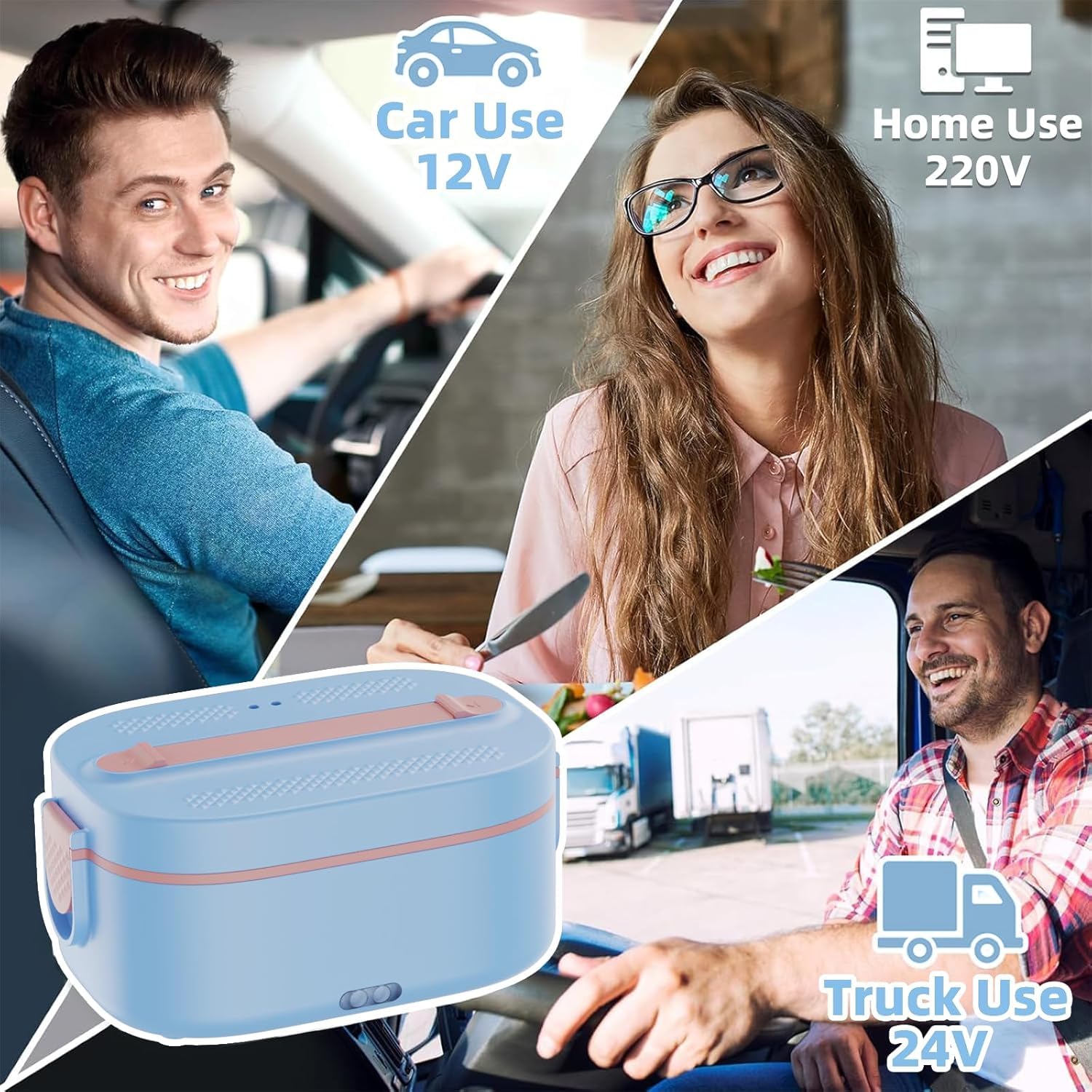 Fiambrera Electrica, 80 W 1.5 L Calentador Comida, 12 V/24 V/220 V,3 en 1 Lancheira Portatil Rápida Aquecedor, para Coche, Camión, Oficina, Azul