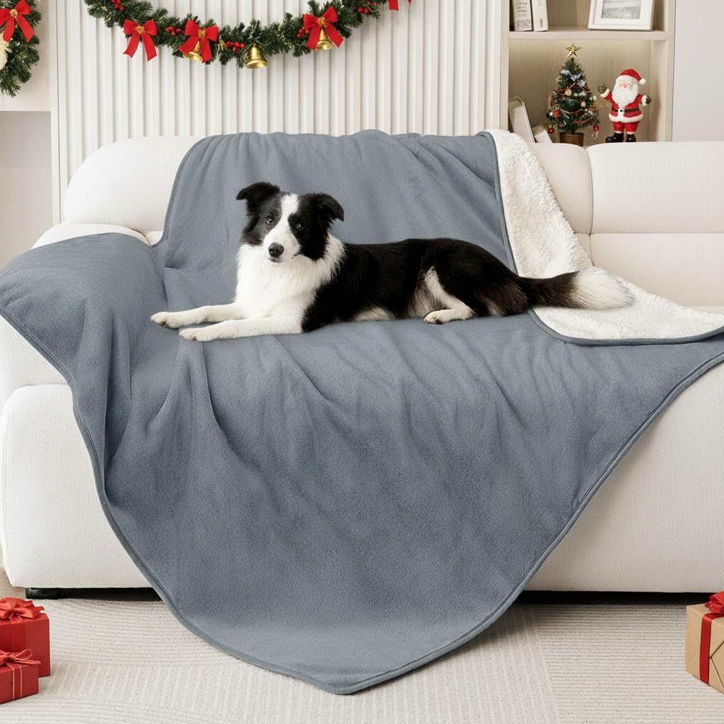 Smiry Waterproof Dog Bed Blanket, Leakproof Pet Throw Blanket for Bed Couch Sofa, Reversible Sherpa Fleece Furniture Protector Cover for Small Medium Large Dogs Cats (Grey, 50×60 inches)