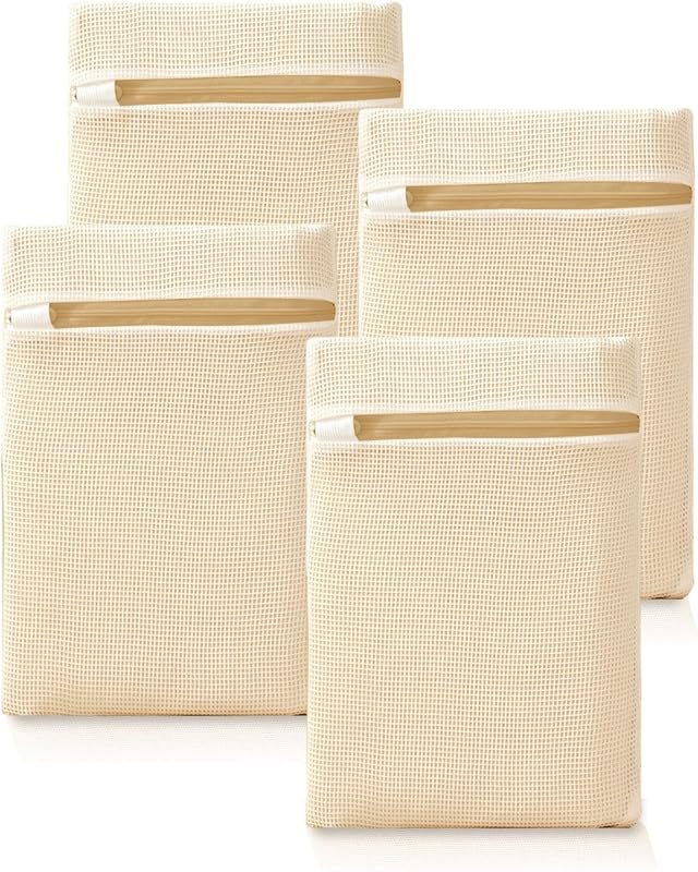 ABRRLO 4Pcs Cotton Mesh Laundry Bags for Delicates,Breathable Mesh Garment Bag for Washing Machine,Travel Wash Bags with Zipper for Bras,Underwear,Socks,Baby Clothes,Laundry Dorm Room Essentials(S)
