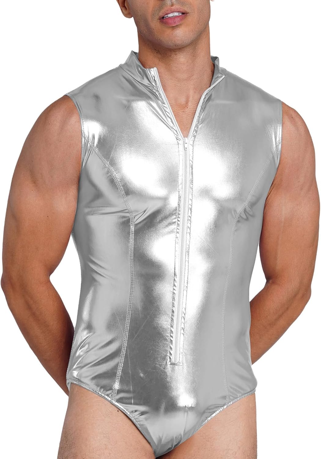 Men Tank Leotard Sleeveless Mock Neck Mankini Swimsuit | Leotard,Activewear,Robot Outfits,Solid Color,Festival Rave Costume Wear,70s Disco Party Bodysuit,Sports Bodysuit