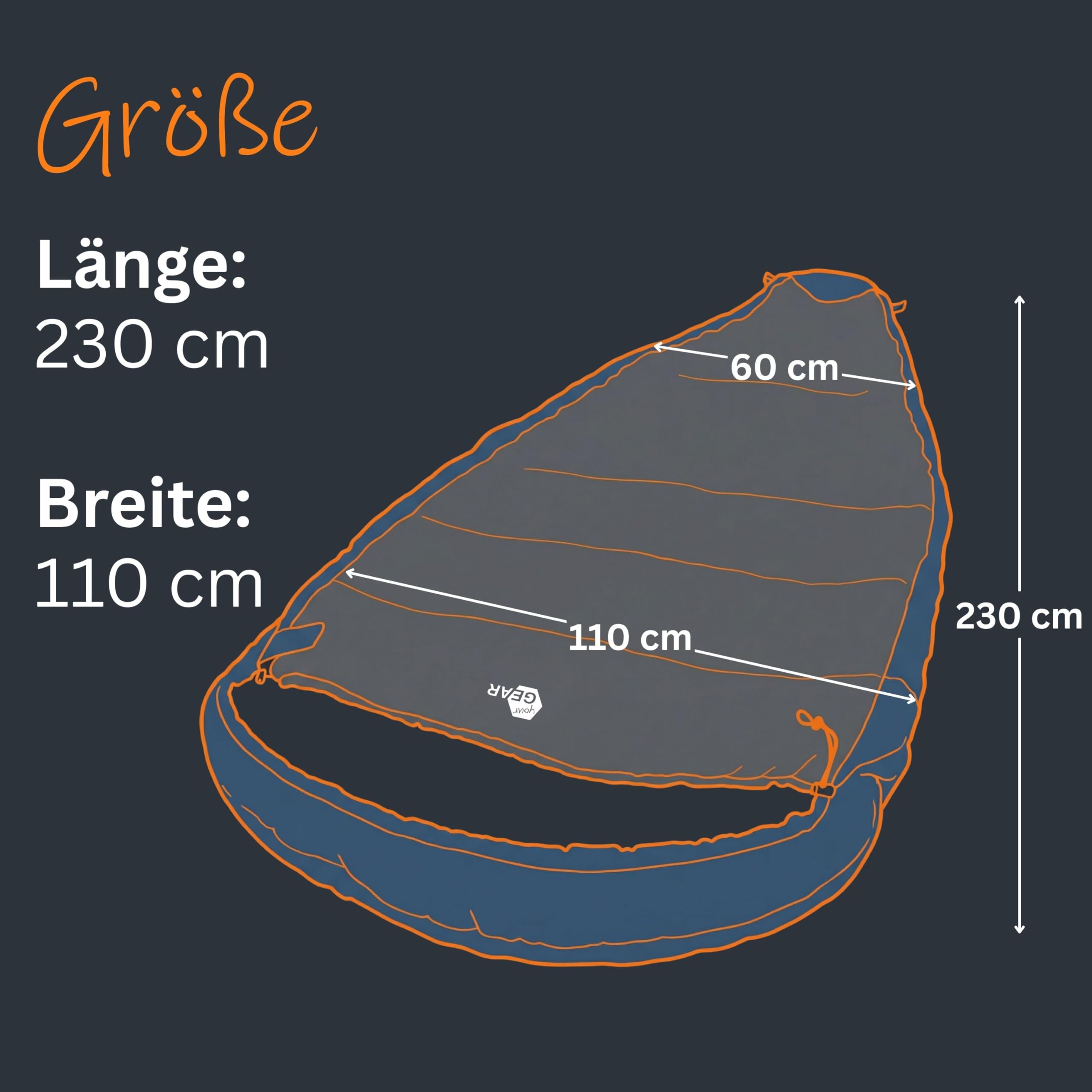 your GEAR Schlafsack Calima XXL - Extra Breiter Eiform Schlafsack 230x110 cm - Viel Platz für Seitenschläfer & Große Personen - 3 Jahreszeiten Campingschlafsack - Komfort +8 °C/Extrem -10 °C