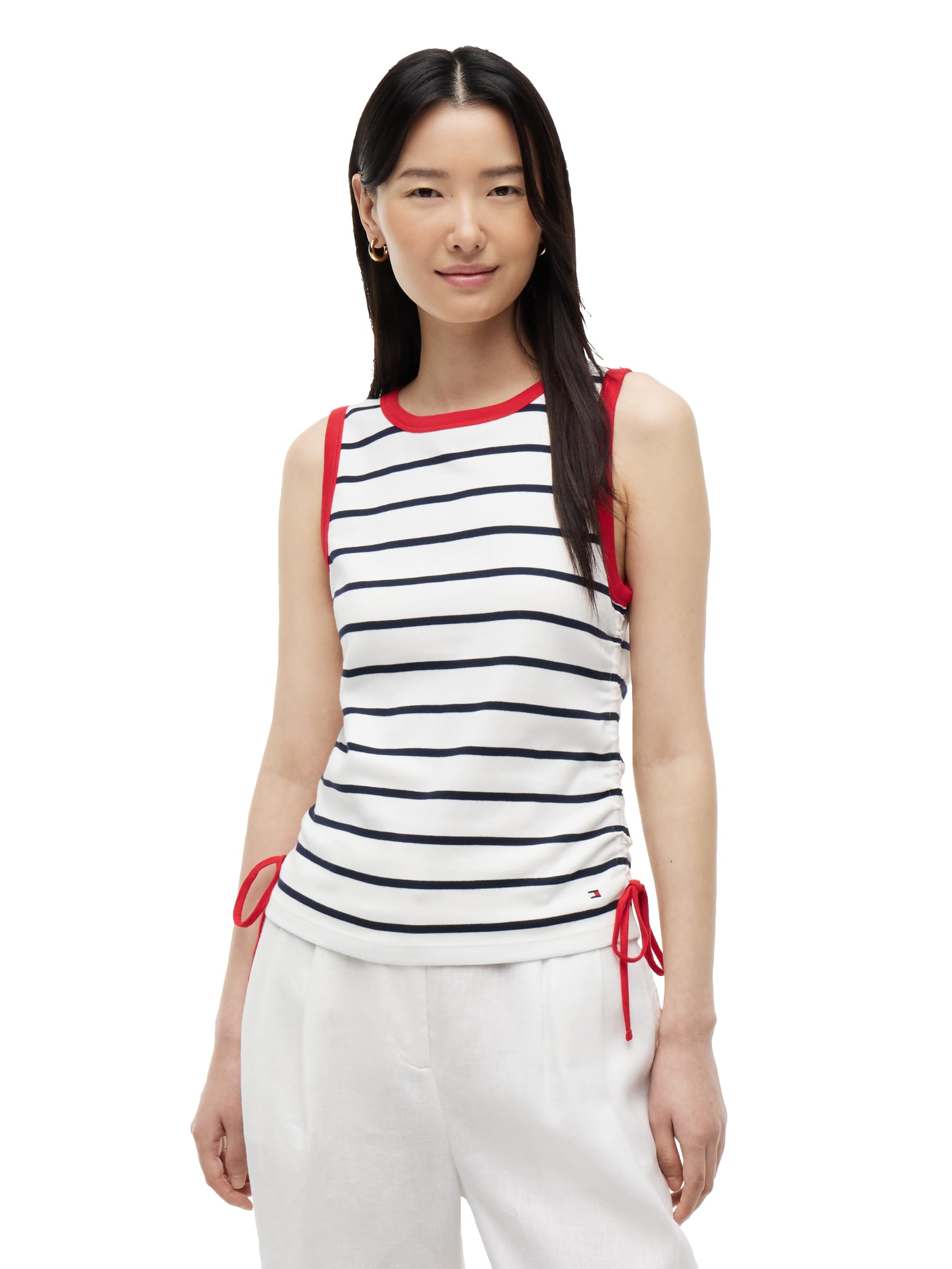 Women's Sleeveless Cotton Crew Neck Tank Top with Adjustable Waist Ties