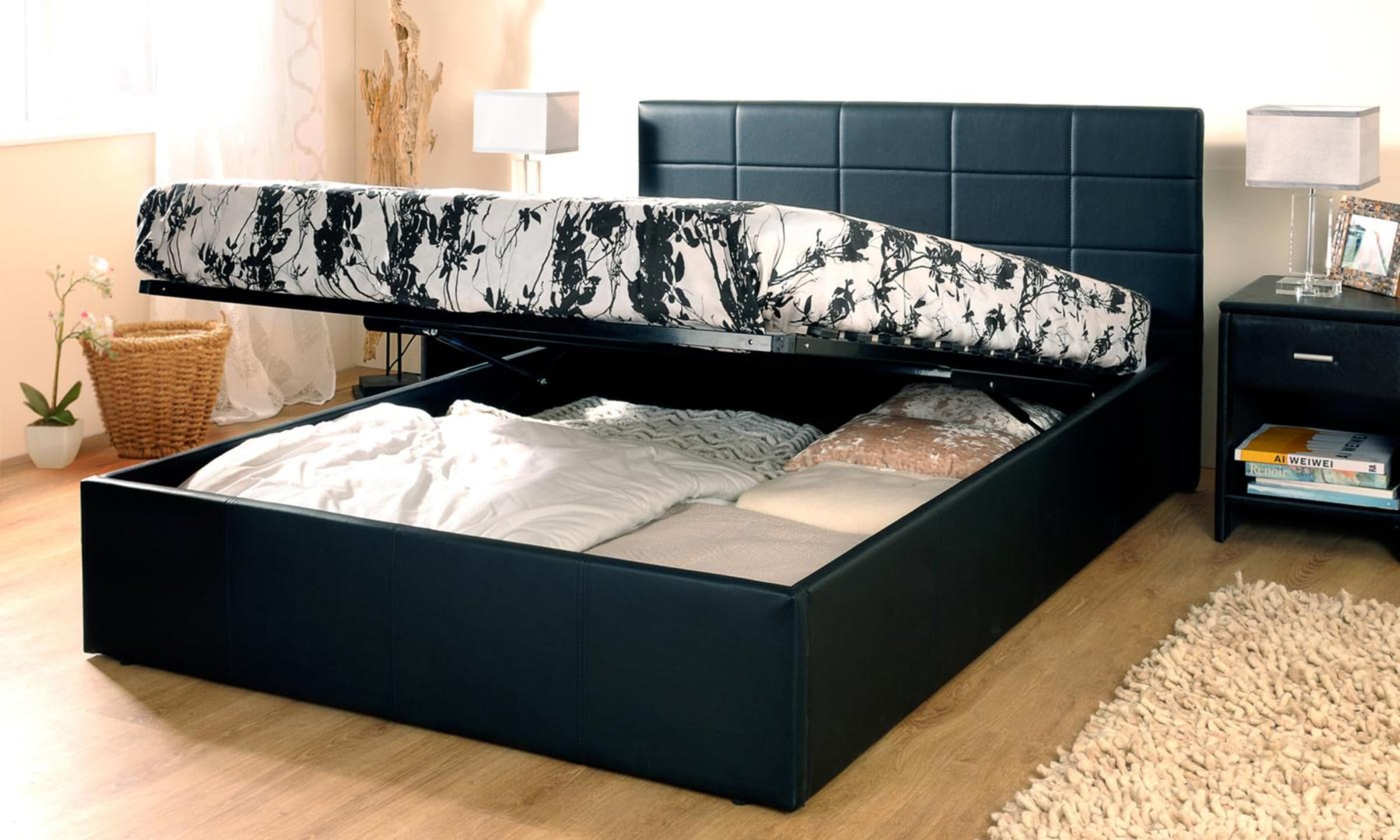 Comfy Living PU Faux Leather Gas Lift Ottoman Bed in Black With Matt Options (4ft6 Double, No Mattress)