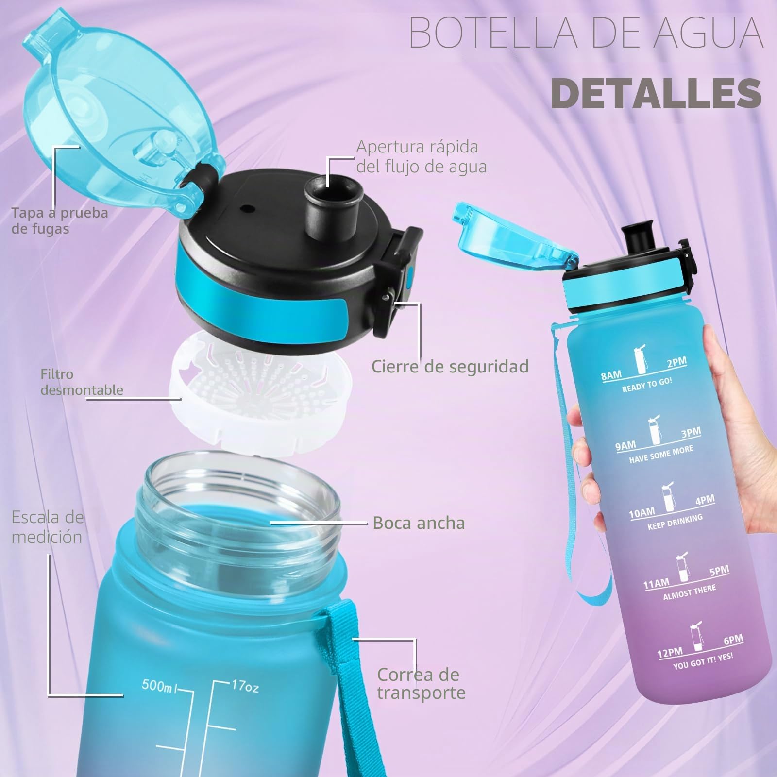 Botella Agua, Botella Agua 1 Litro con Filtro, Cantimplora Infantil Reutilizable con Marca de Tiempo, Cantimplora con Eslogan Motivacional, Fácil de Limpiar, para la Escuela, Deportes, Camping, Gym