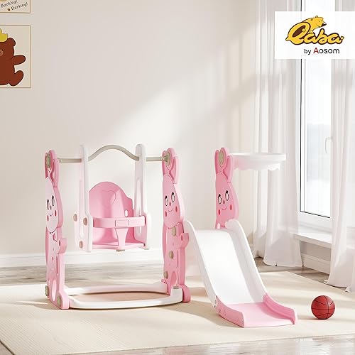 Miniatura 2 de Qaba Juego de tobogán y columpio 4 en 1 para niños de 1.5 a 4 años, parque infantil con temática de conejo con escalador, aro de canasta, para patio