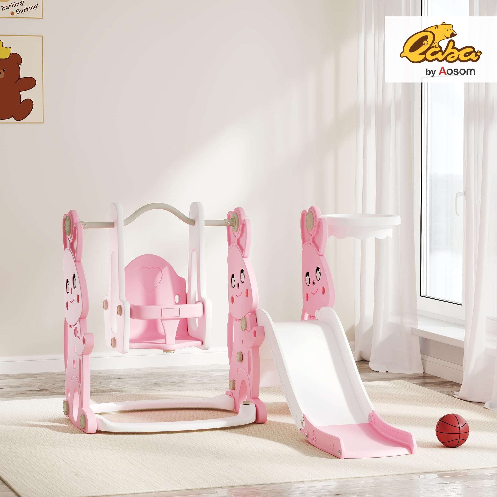 Qaba 4 in 1 Toddler Slide and Swing Set, Kids Playset for Ages 1.5-4, Rabbit Themed Children Slide Playground with Climber, Basket Hoop, for Indoor Outdoor Backyard, Pink