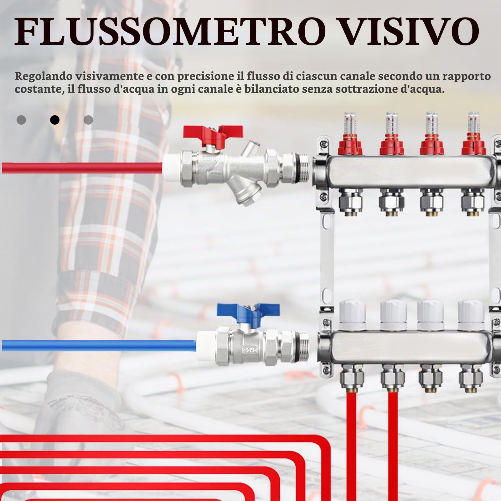 Distributore Circuito Riscaldamento, Misuratore Portata 4 Circuiti Riscaldamento Pavimento Impianto Riscaldamento Pavimento Acciaio Inox Con Flussometro Senza Valvola Sfera Filettatura Esterna 3/4"