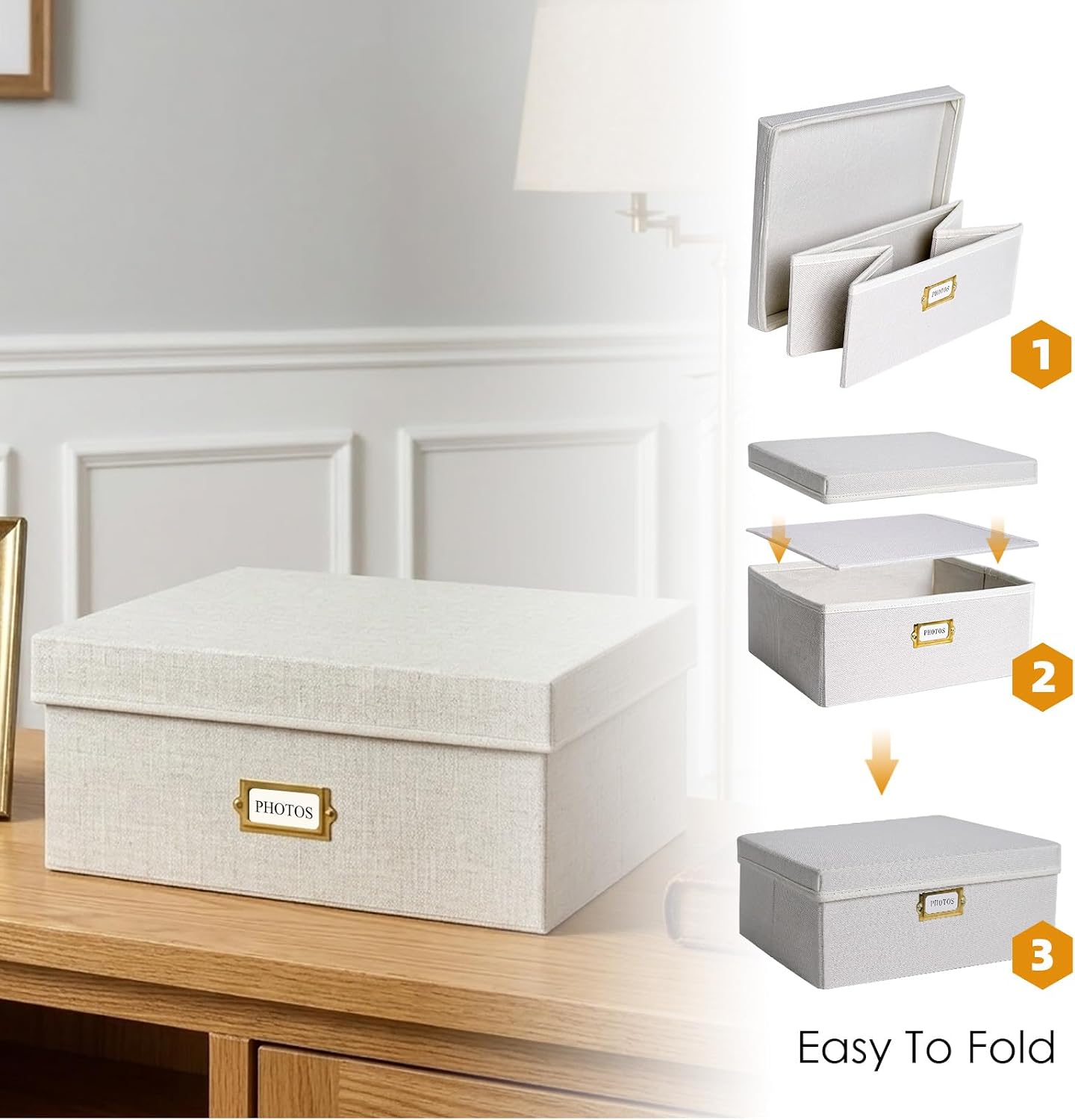 Decorative Photo Storage Box, Sturdy Linen Photo Organizer with Dividers & Envelopes, Holds Up to 1700 Pictures and 4x6 Photos, Keepsake Storage for Photos, Scrapbooks & Cards