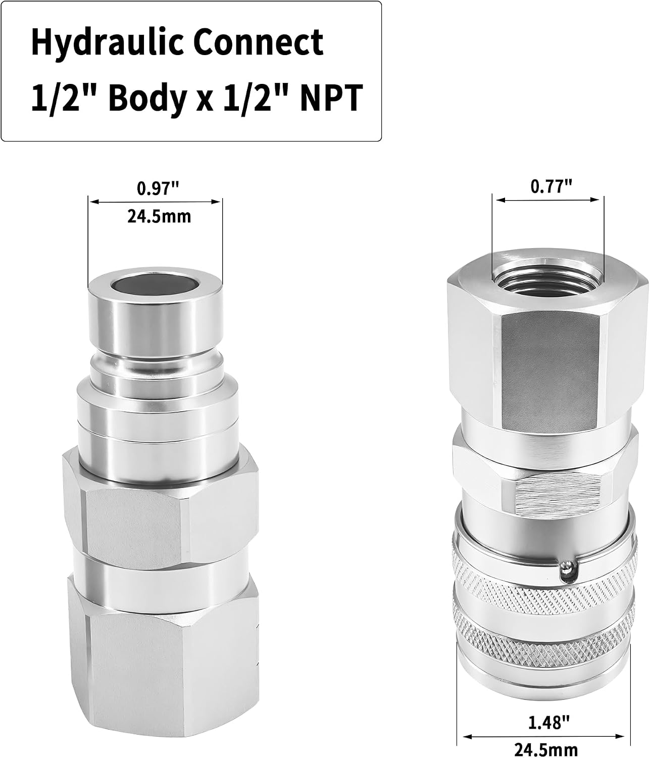 1/2’’ NPT Flat Face Hydraulic Quick Couplers Set Compatible with Bobcat Skid Steer and Other Hydraulic Equipment, ISO16028 Standard