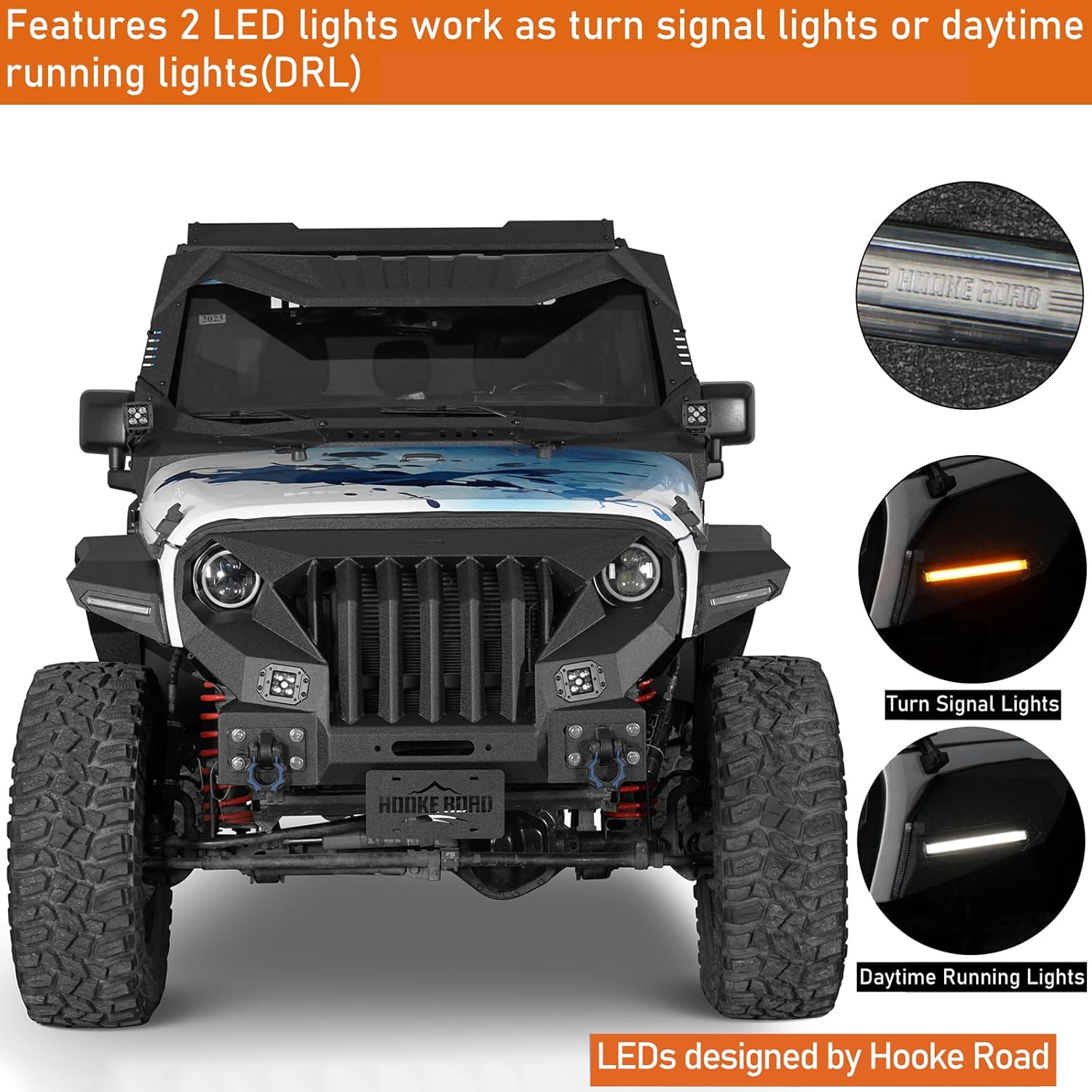 Hooke Road JK 8.7" Wide Flat Fender Flares Kit for 2007-2018 Jeep Wrangler JK & Unlimited 2/4 Doors, 4PCS Off-road Fenders w/Lights