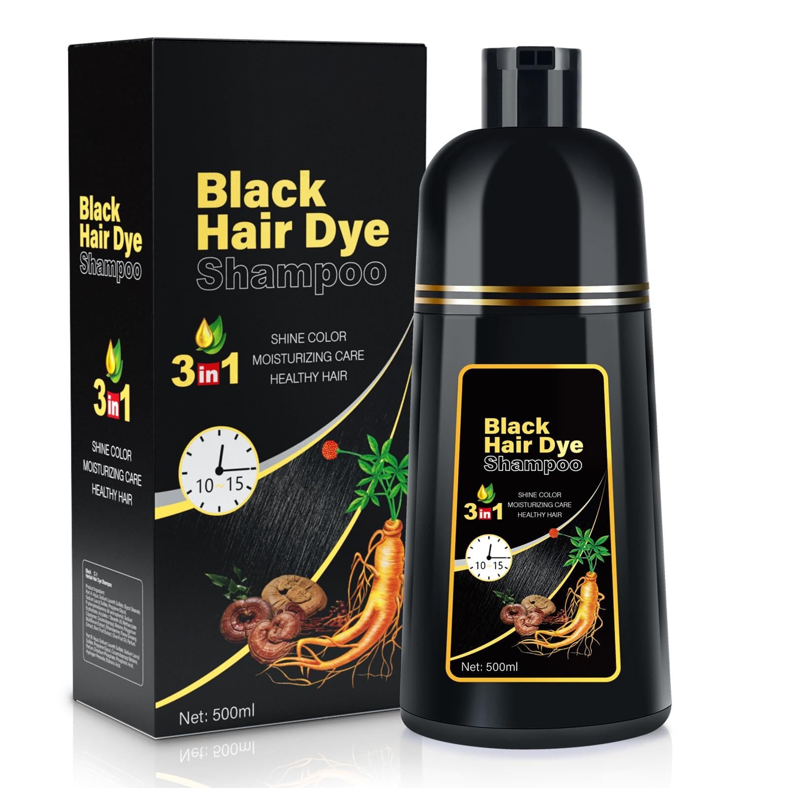 Black Hair Dye Shampoo Hair Color Shampoo 3 in 1 For Women for Gray Hair Coverage in Minutes, Black Hair Shampoo 500ML