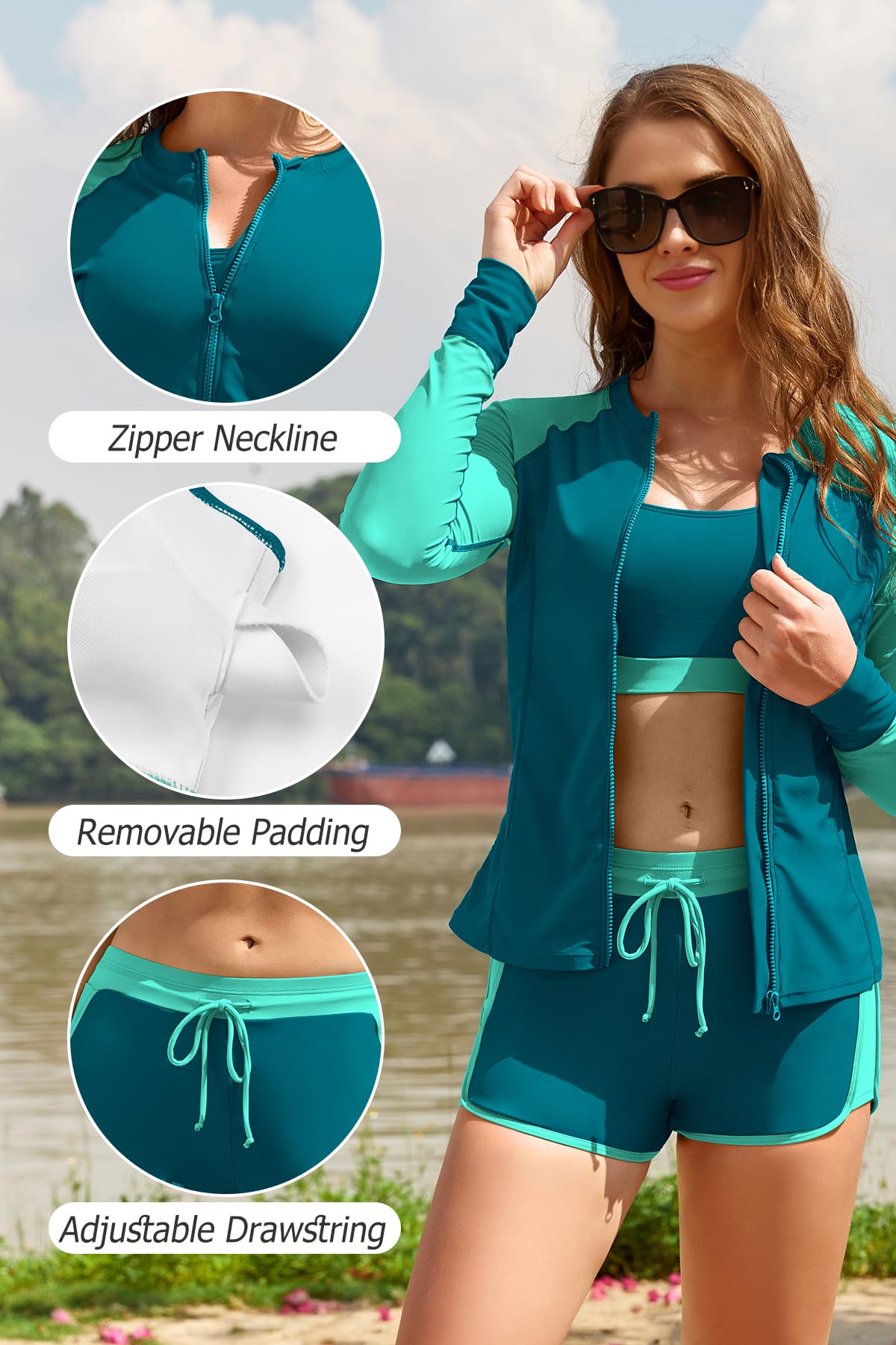SHEKINI Rash Guard Set 3 Pièces Femme Haut de Maillot de Bain Rashguard Manches Longues Zippé+Brassiere+Shorts de Sport pour Surf Séchage Rapide